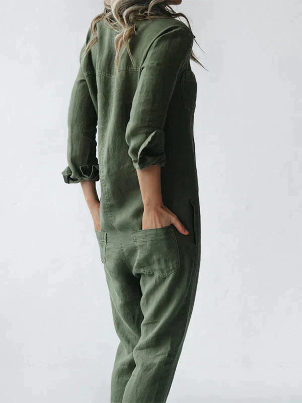 Soft Cotton Jumpsuit | Turn-Down Collar, Relaxed Fit