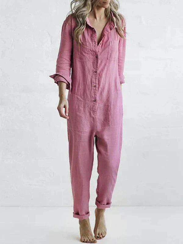 Soft Cotton Jumpsuit | Turn-Down Collar, Relaxed Fit