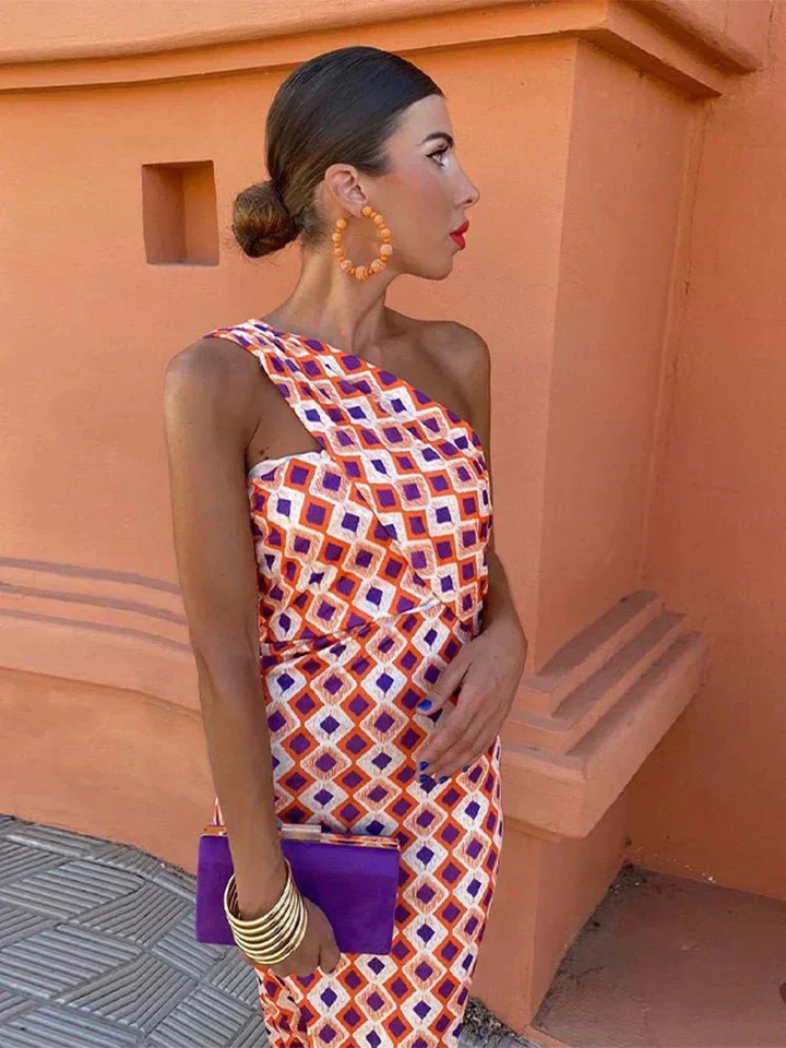 Anouk | Women's Satin One-Shoulder Geometric Print Maxi Dress