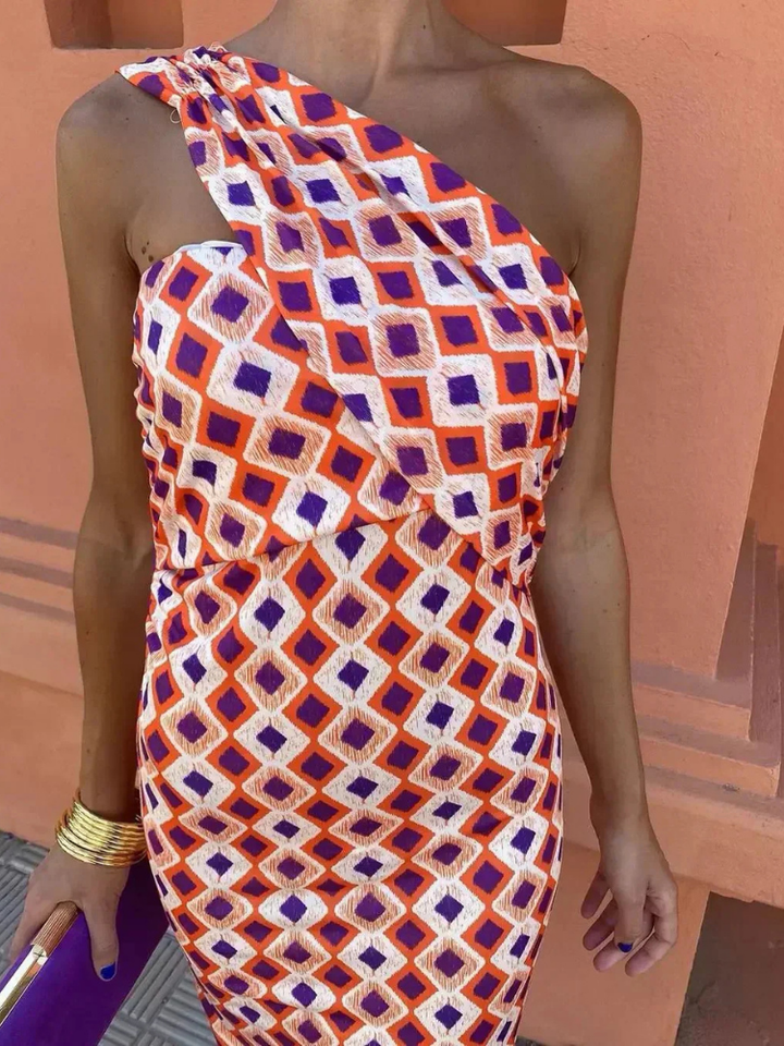 Anouk | Women's Satin One-Shoulder Geometric Print Maxi Dress