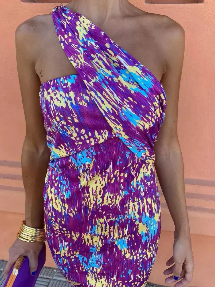 Anouk | Women's Satin One-Shoulder Geometric Print Maxi Dress