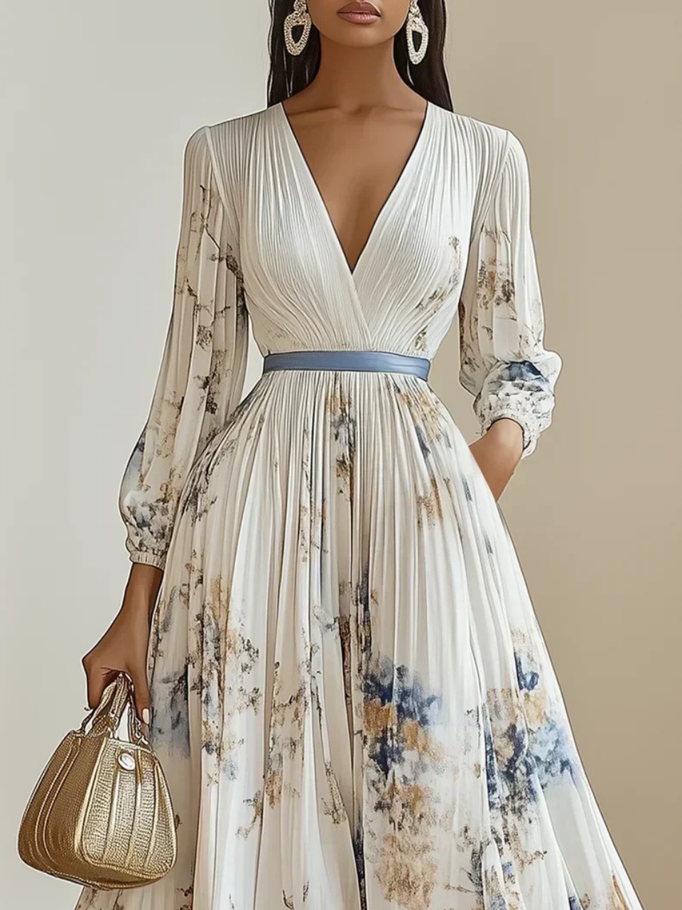 Anouk | Women's White Chiffon Pleated V-Neck Floral Maxi Dress