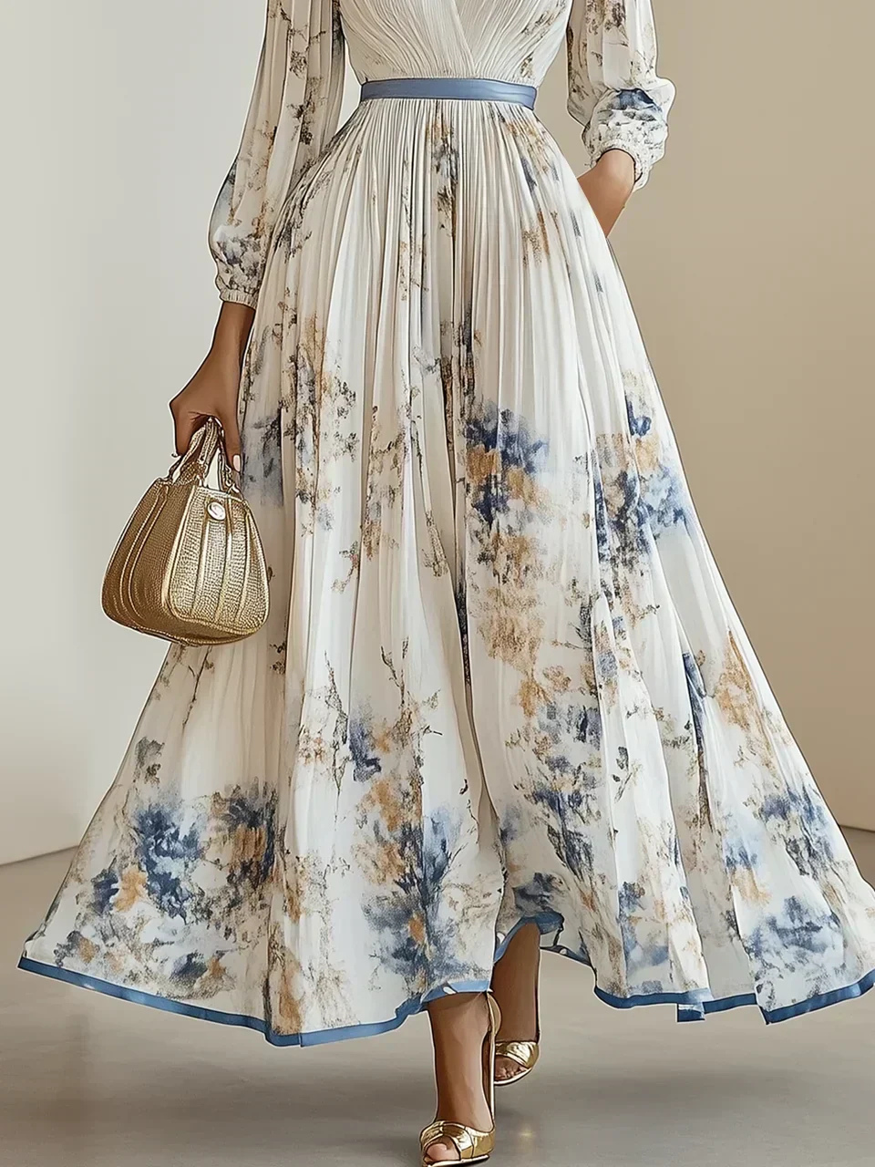 Anouk | Women's White Chiffon Pleated V-Neck Floral Maxi Dress