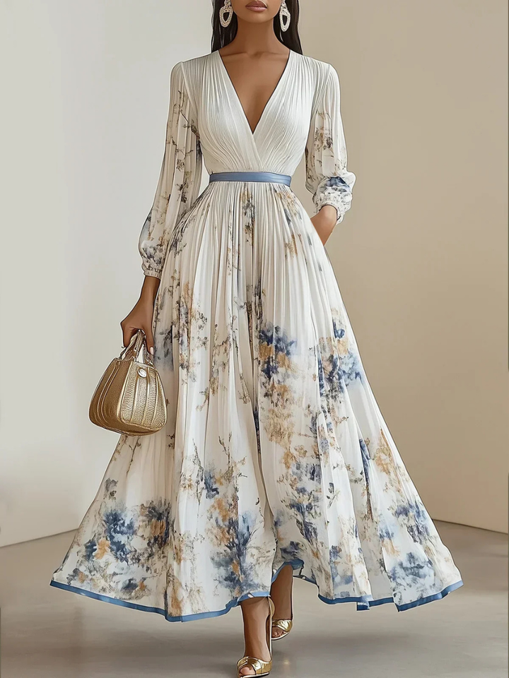 Anouk | Women's White Chiffon Pleated V-Neck Floral Maxi Dress