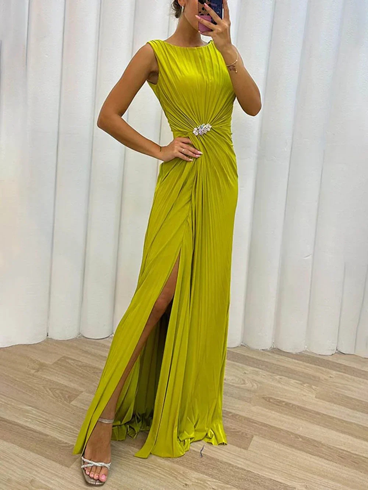 Arabella | Women's Satin Pleated Embellished Maxi Dress