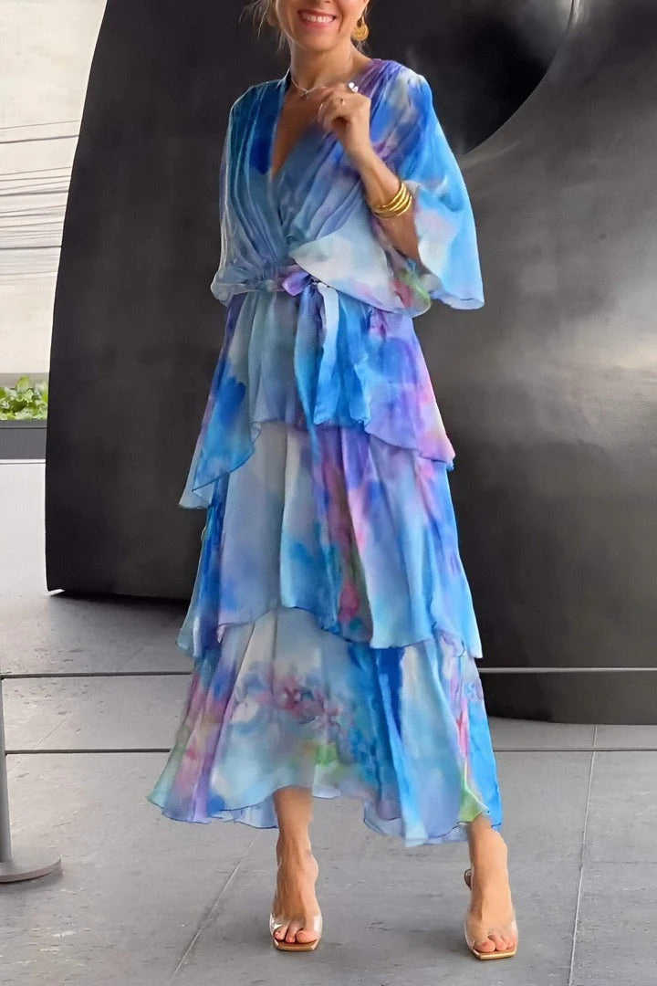 Aurelia | Women's Chiffon Watercolour Print Wrap Tiered Maxi Dress