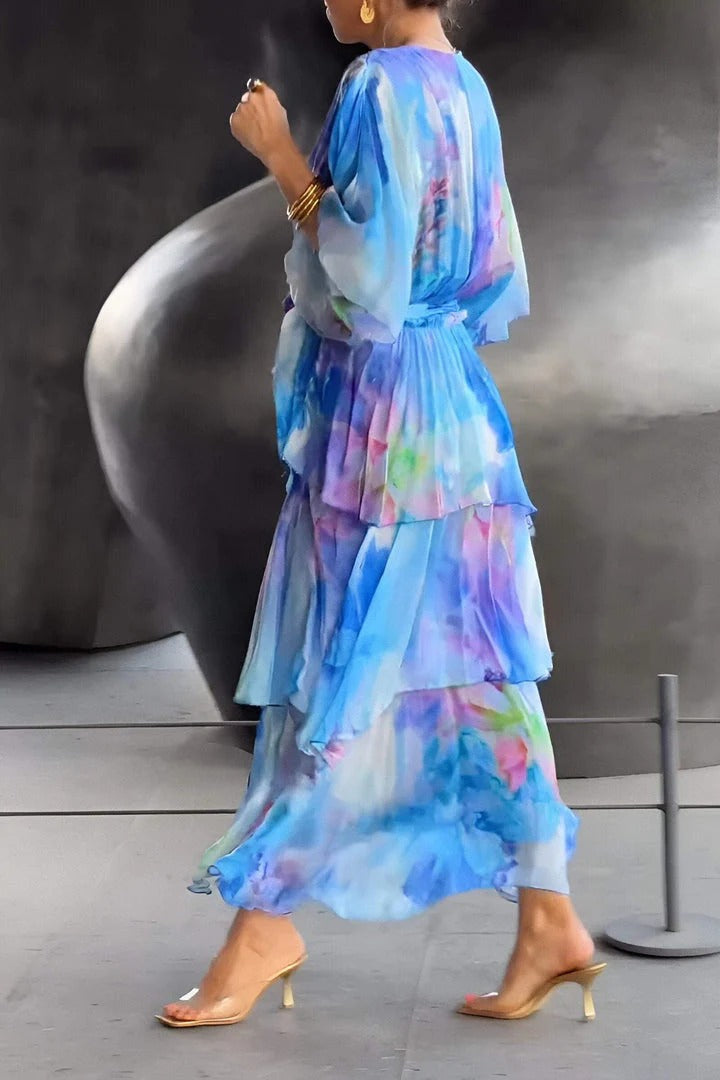 Aurelia | Women's Chiffon Watercolour Print Wrap Tiered Maxi Dress