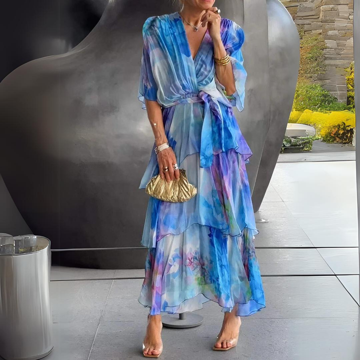 Aurelia | Women's Chiffon Watercolour Print Wrap Tiered Maxi Dress