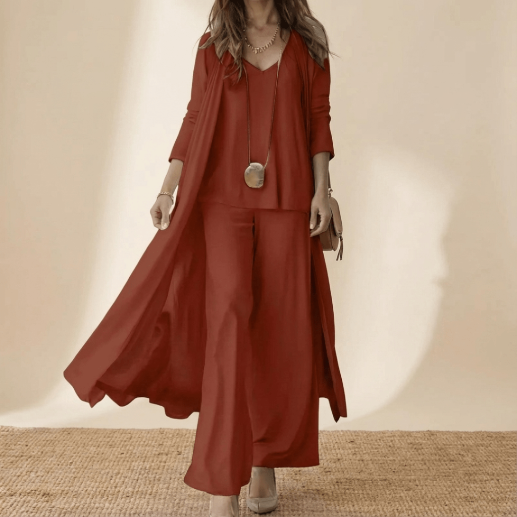 Aurelie | Women's Cotton Three-Piece Duster Coat & Wide-Leg Trouser Set