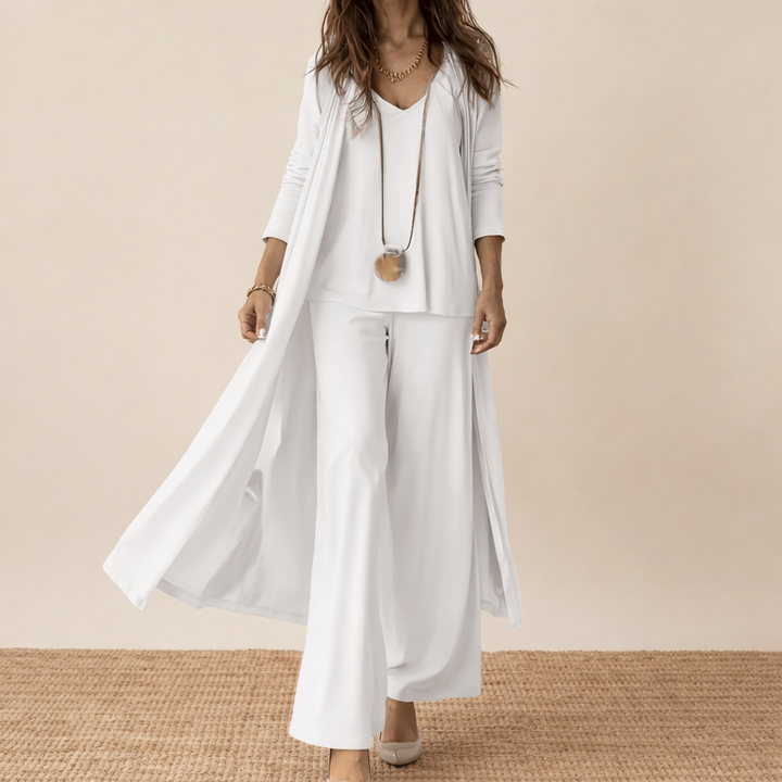 Aurelie | Women's Cotton Three-Piece Duster Coat & Wide-Leg Trouser Set