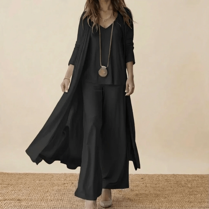 Aurelie | Women's Cotton Three-Piece Duster Coat & Wide-Leg Trouser Set