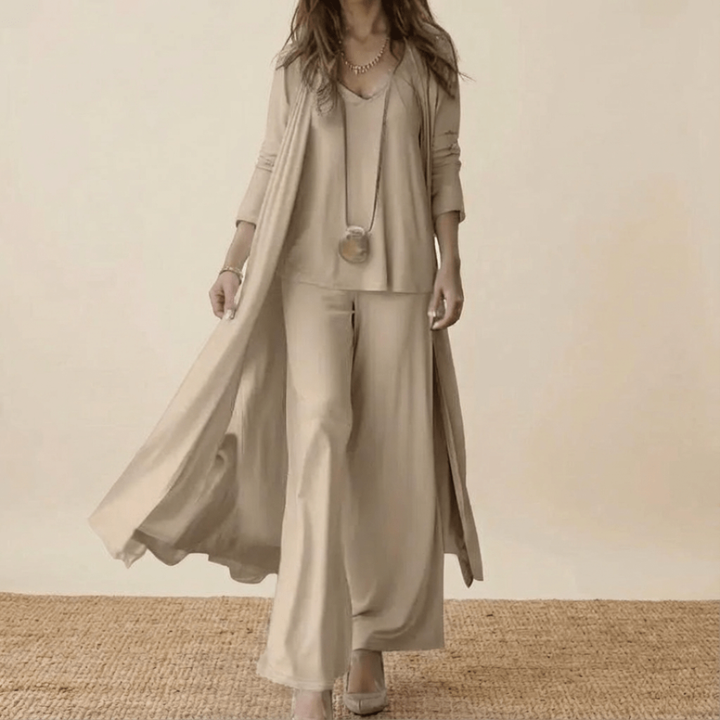 Aurelie | Women's Cotton Three-Piece Duster Coat & Wide-Leg Trouser Set