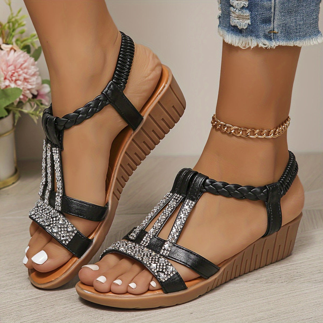 Azra | Women's Leather Rhinestone Braided Wedge Sandals
