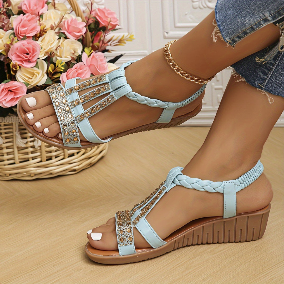 Azra | Women's Leather Rhinestone Braided Wedge Sandals