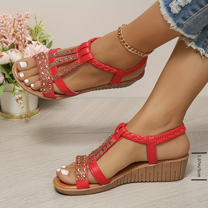 Azra | Women's Leather Rhinestone Braided Wedge Sandals