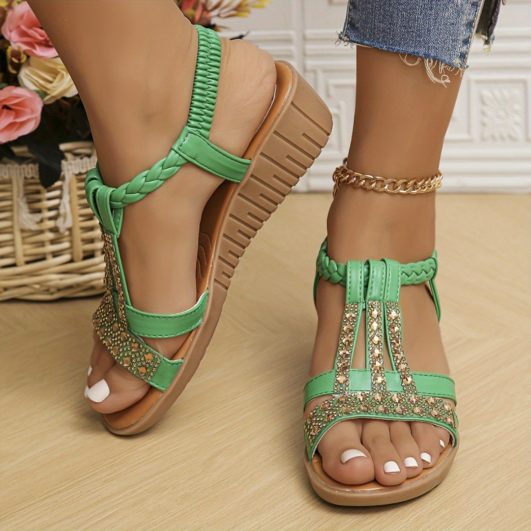 Azra | Women's Leather Rhinestone Braided Wedge Sandals