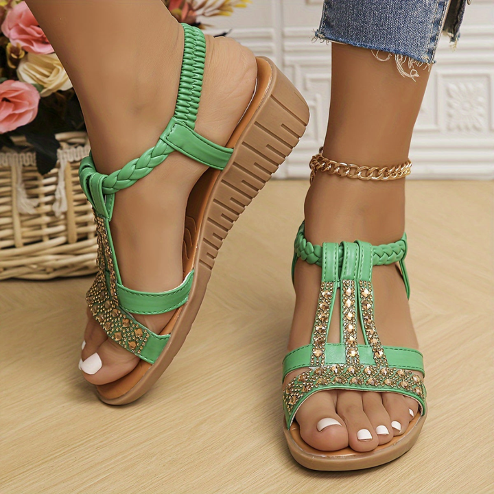 Azra | Women's Leather Rhinestone Braided Wedge Sandals