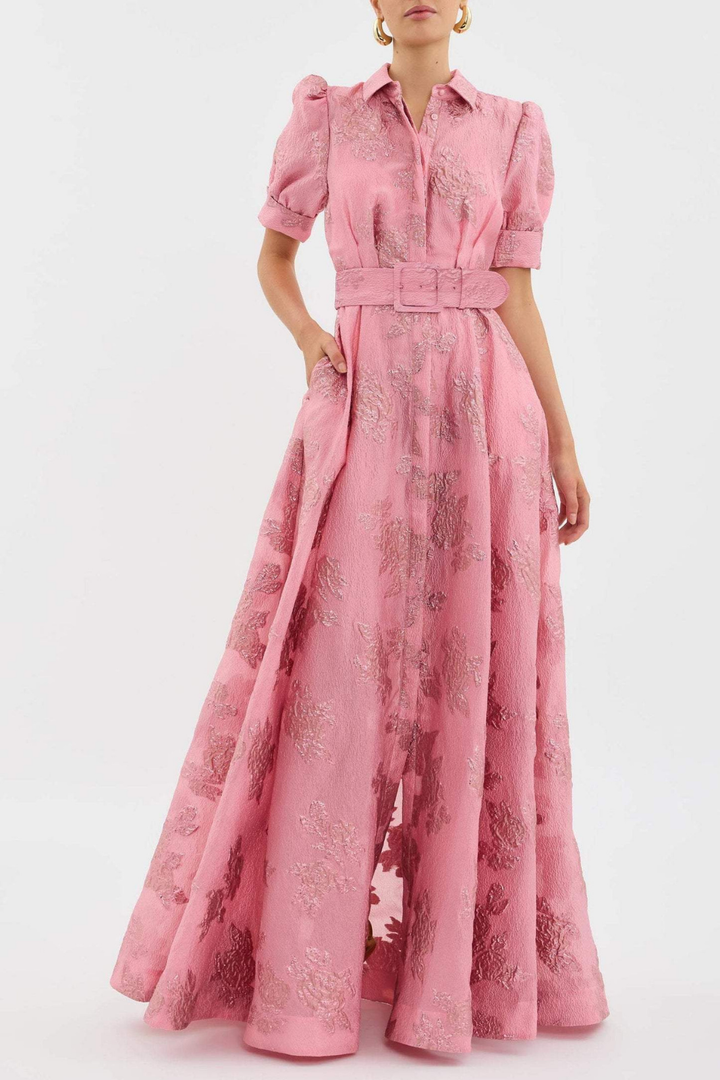 Beatrix | Women's Pink Jacquard Belted Shirt Maxi Dress