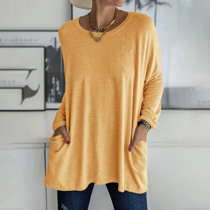 Beau | Women's Cotton-Blend Oversized V-Neck Pocket Tunic Top