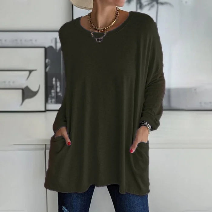 Beau | Women's Cotton-Blend Oversized V-Neck Pocket Tunic Top