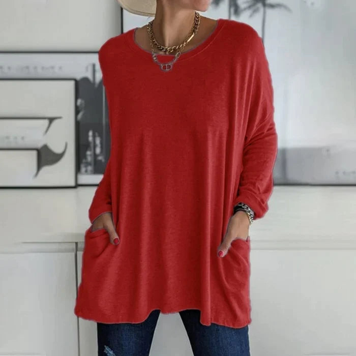 Beau | Women's Cotton-Blend Oversized V-Neck Pocket Tunic Top