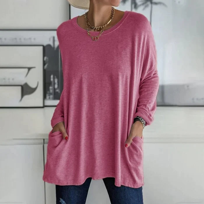 Beau | Women's Cotton-Blend Oversized V-Neck Pocket Tunic Top