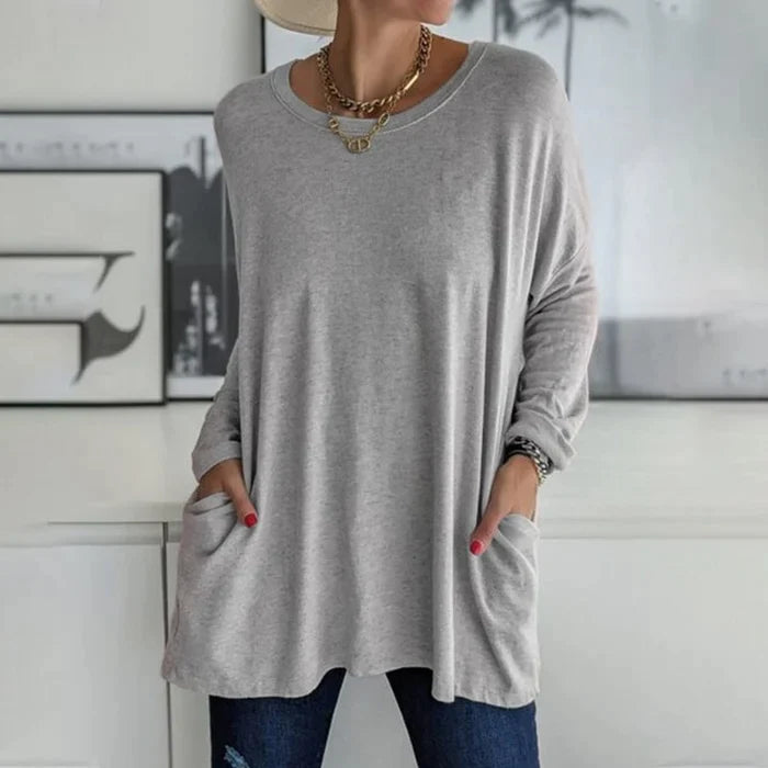 Beau | Women's Cotton-Blend Oversized V-Neck Pocket Tunic Top