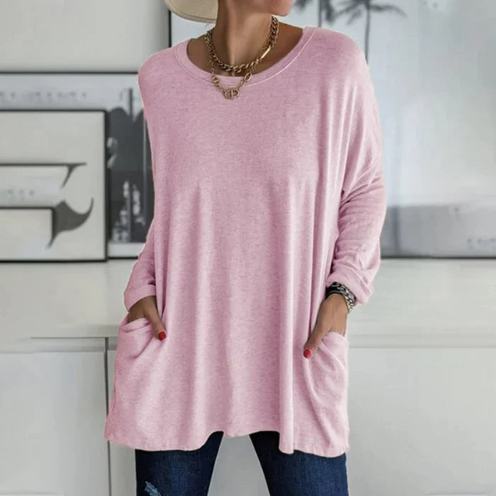 Beau | Women's Cotton-Blend Oversized V-Neck Pocket Tunic Top