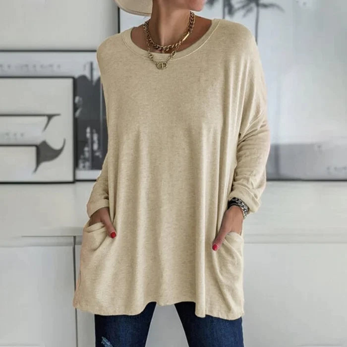 Beau | Women's Cotton-Blend Oversized V-Neck Pocket Tunic Top