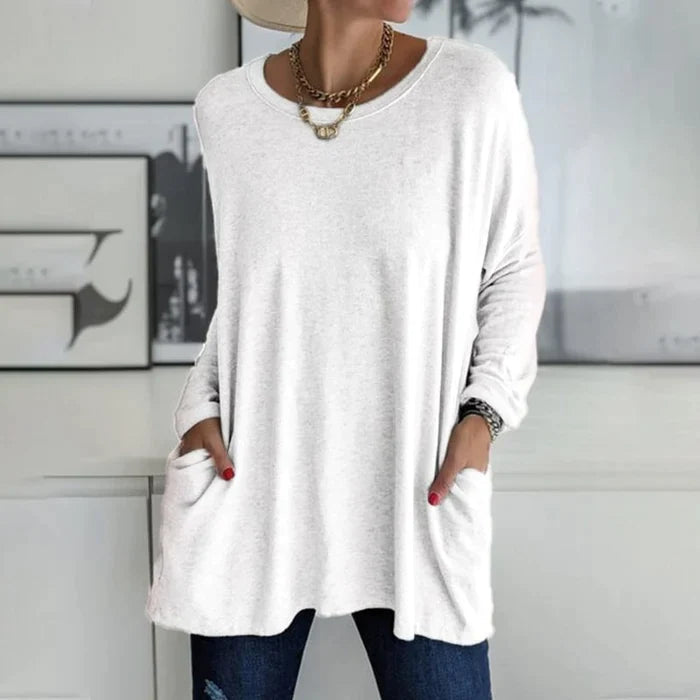 Beau | Women's Cotton-Blend Oversized V-Neck Pocket Tunic Top