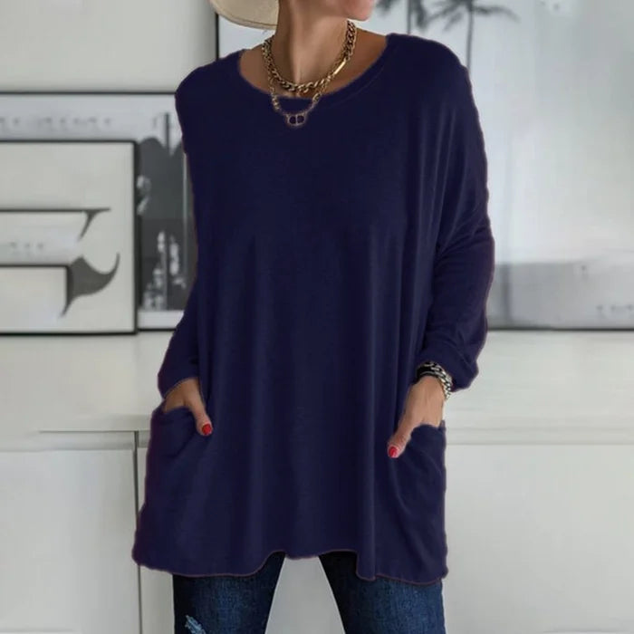 Beau | Women's Cotton-Blend Oversized V-Neck Pocket Tunic Top