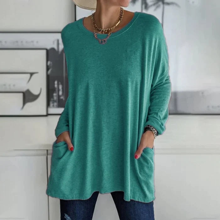 Beau | Women's Cotton-Blend Oversized V-Neck Pocket Tunic Top