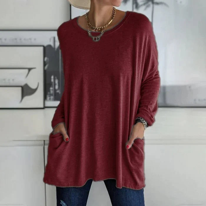 Beau | Women's Cotton-Blend Oversized V-Neck Pocket Tunic Top