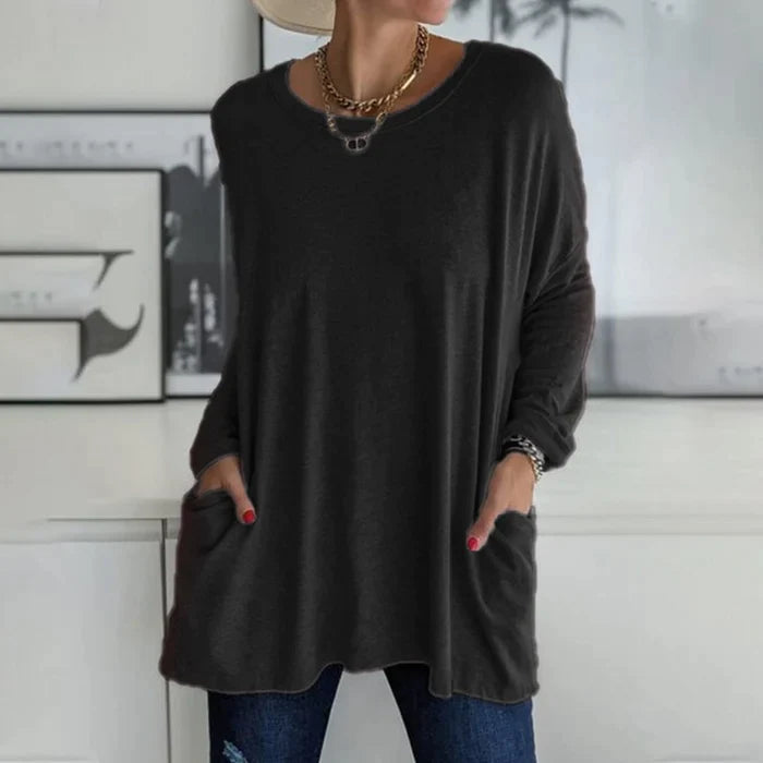 Beau | Women's Cotton-Blend Oversized V-Neck Pocket Tunic Top