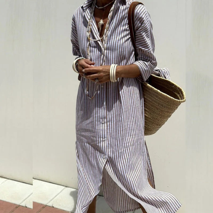 Breezy | Women's Linen Button-Down Stripe Shirt Dress