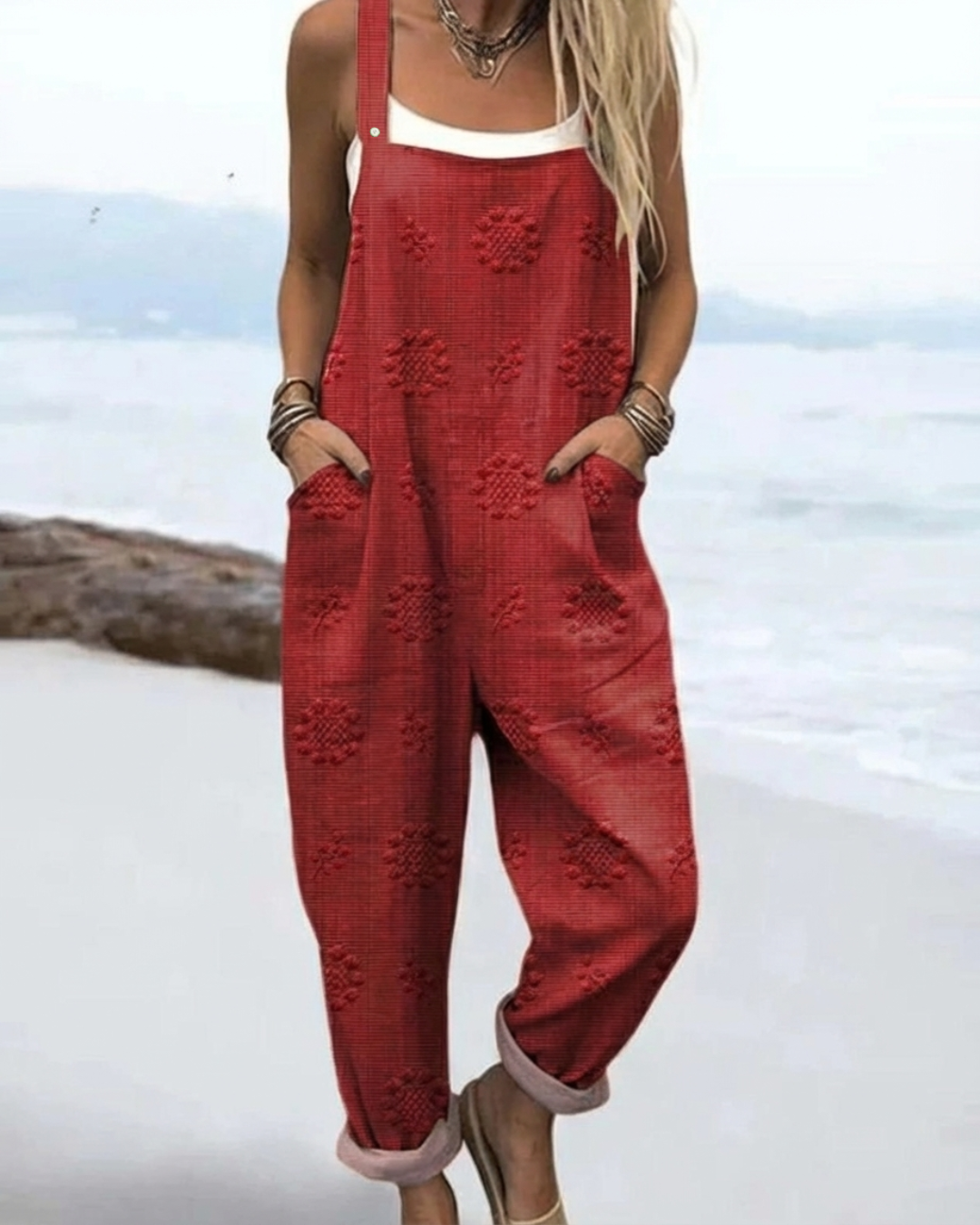 Briar | Women's Cotton Floral Texture Relaxed Dungaree Jumpsuit