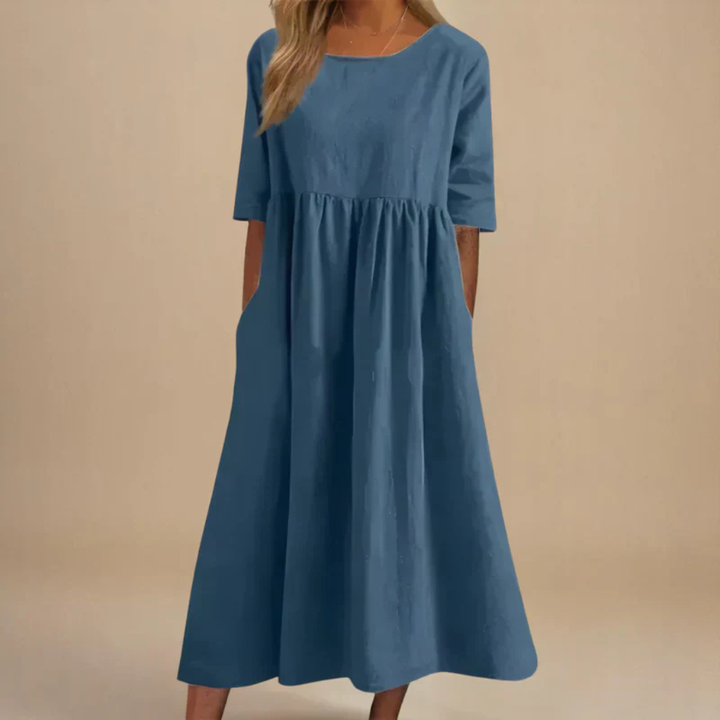 Brielle | Women's Linen Round Neck Half Sleeve Gathered Midi Dress