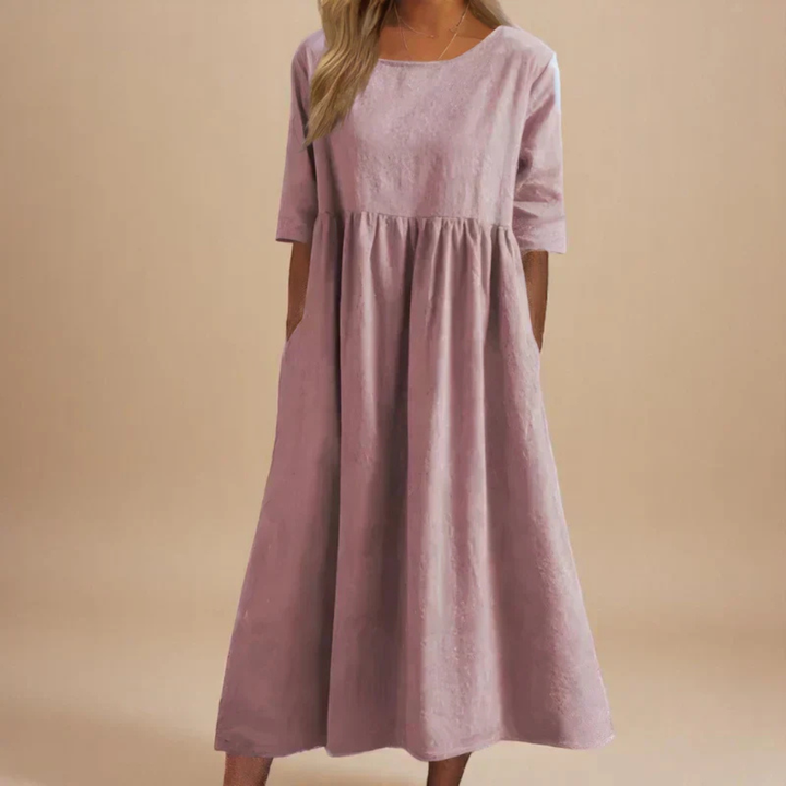 Brielle | Women's Linen Round Neck Half Sleeve Gathered Midi Dress
