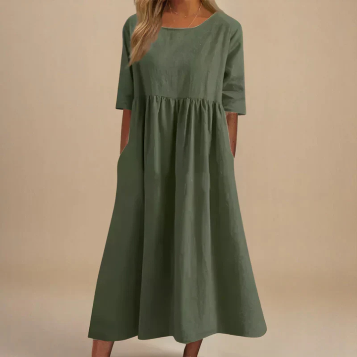 Brielle | Women's Linen Round Neck Half Sleeve Gathered Midi Dress