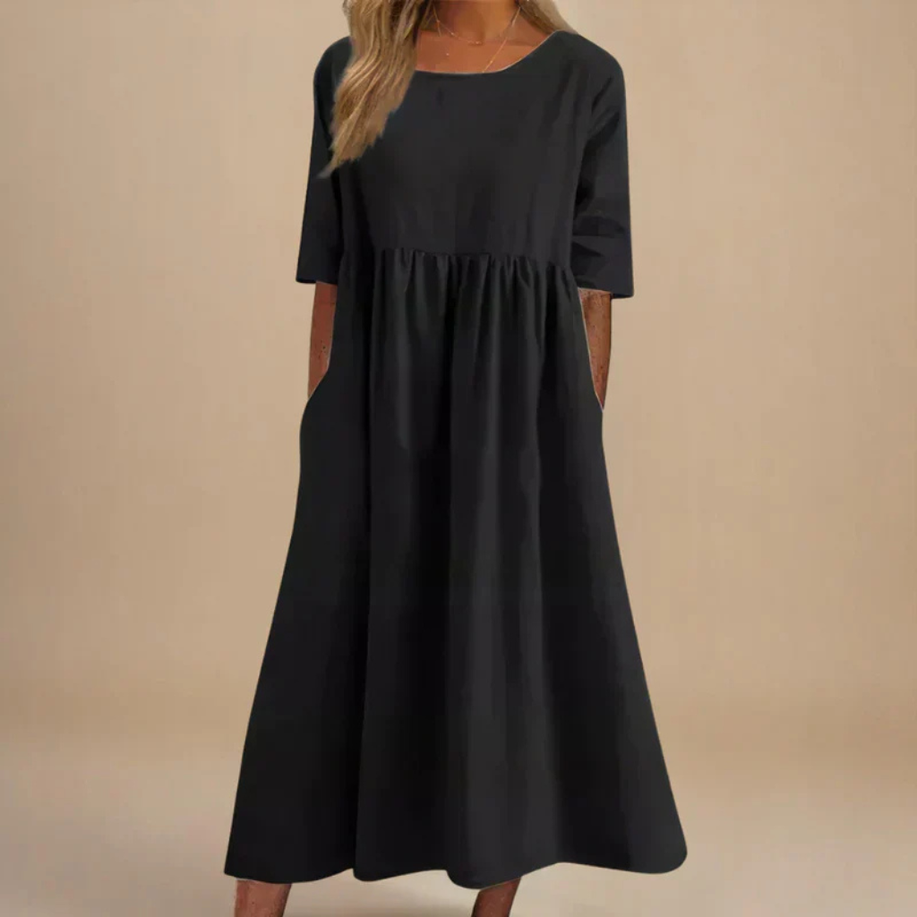 Brielle | Women's Linen Round Neck Half Sleeve Gathered Midi Dress
