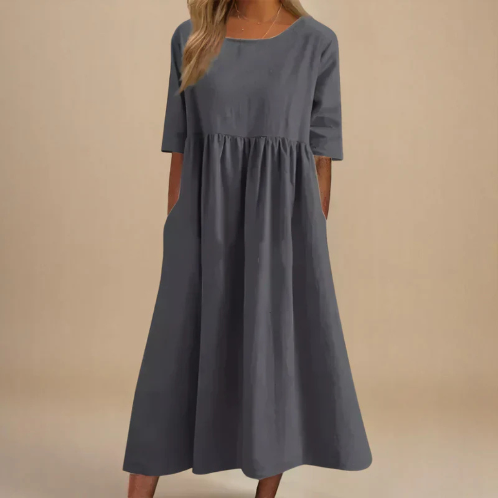 Brielle | Women's Linen Round Neck Half Sleeve Gathered Midi Dress