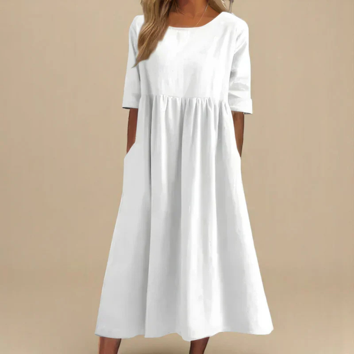 Brielle | Women's Linen Round Neck Half Sleeve Gathered Midi Dress