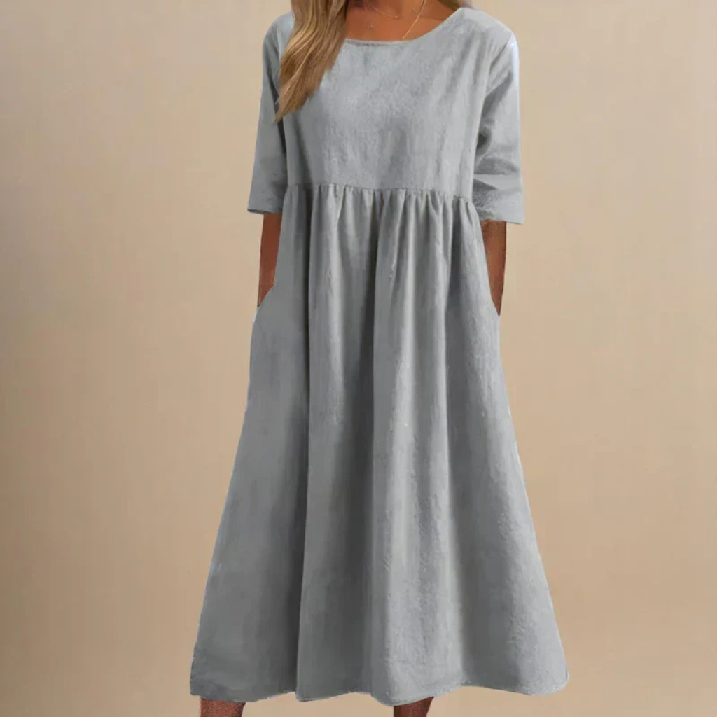 Brielle | Women's Linen Round Neck Half Sleeve Gathered Midi Dress