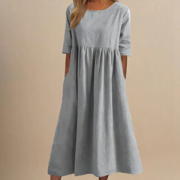 Brielle | Women's Linen Round Neck Half Sleeve Gathered Midi Dress