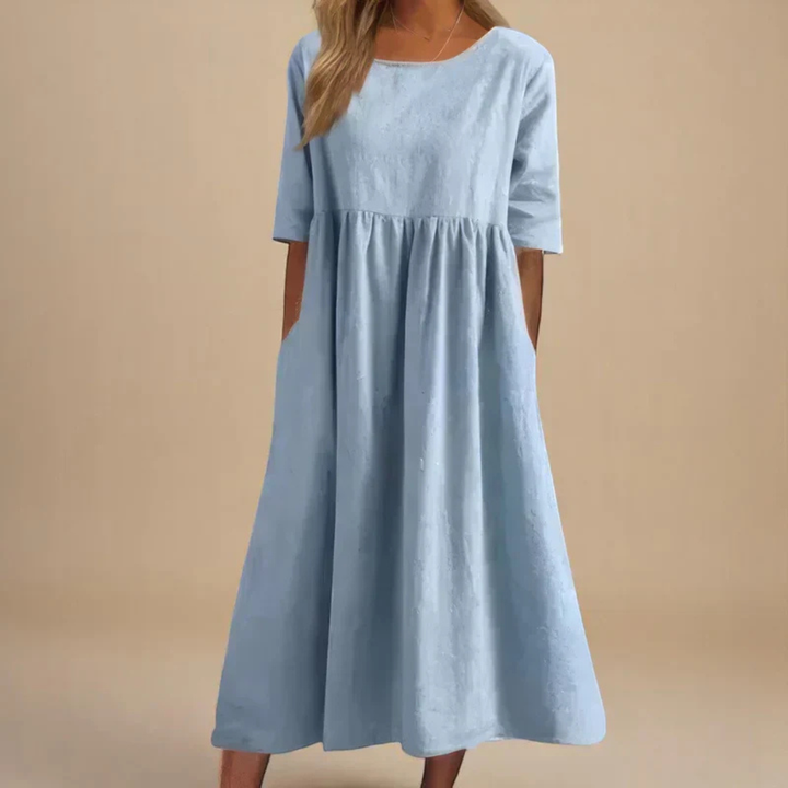 Brielle | Women's Linen Round Neck Half Sleeve Gathered Midi Dress