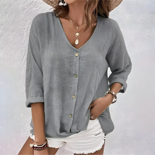 Brynn | Women's Linen V-Neck Button-Front 3/4 Sleeve Top