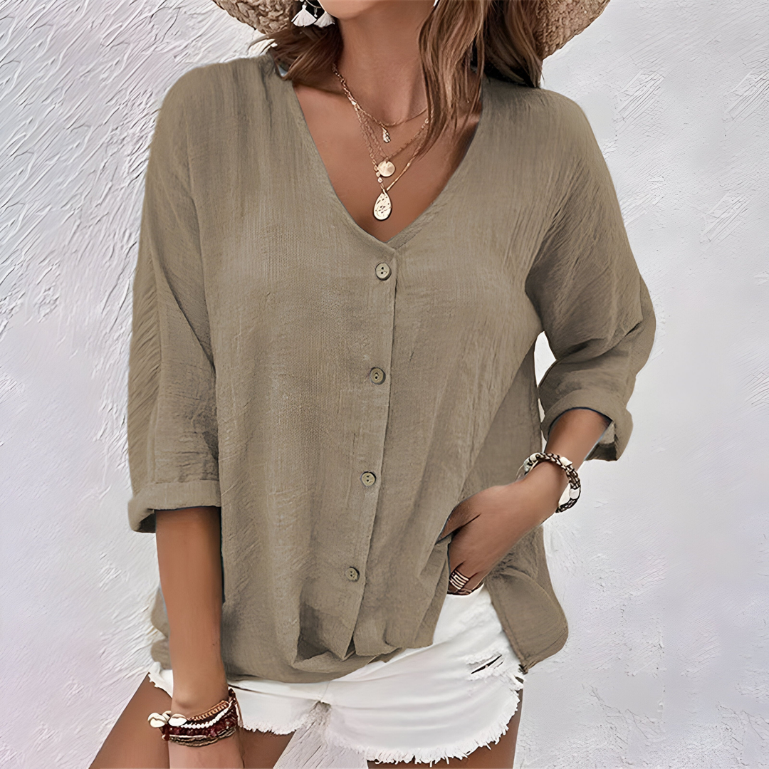 Brynn | Women's Linen V-Neck Button-Front 3/4 Sleeve Top