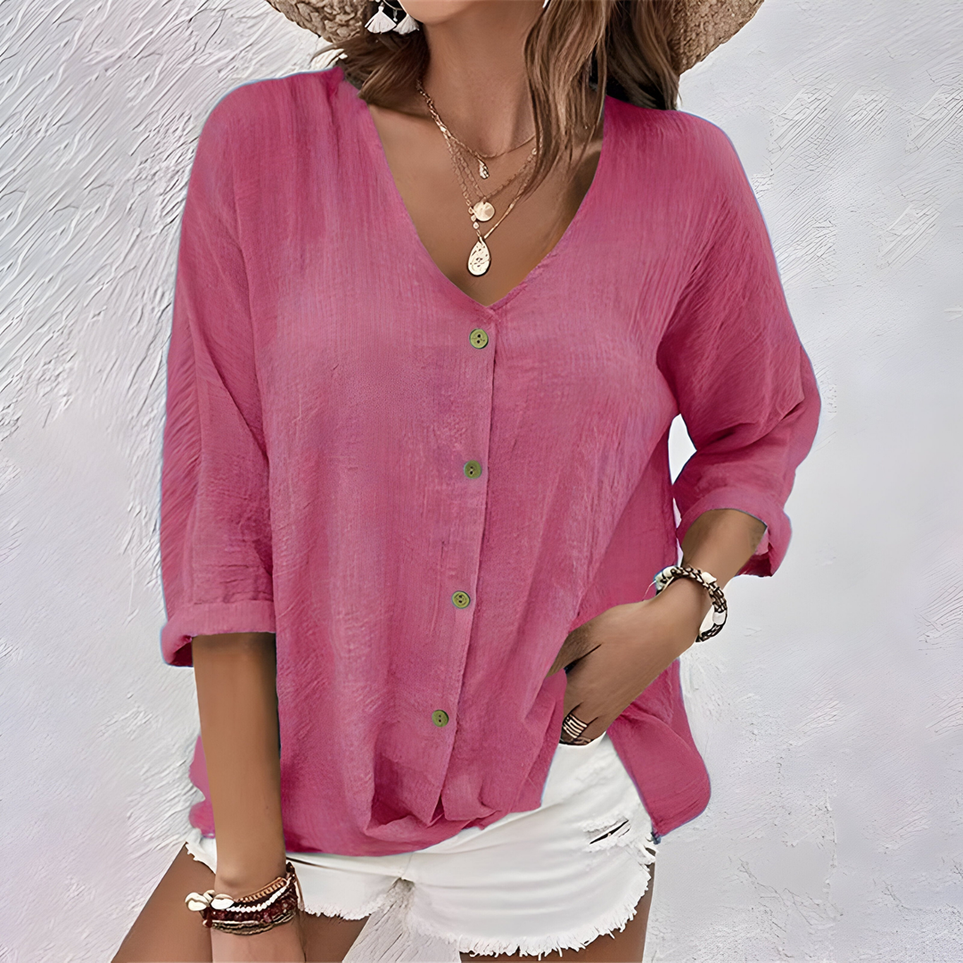 Brynn | Women's Linen V-Neck Button-Front 3/4 Sleeve Top