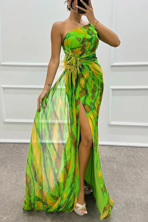 Calista | Women's Chiffon One-Shoulder Feather-Trim Maxi Dress