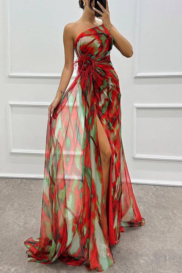 Calista | Women's Chiffon One-Shoulder Feather-Trim Maxi Dress